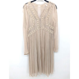 Sundance Dress Womens 6 Beige Sheer‎ Long Sleeve Boho Peasant Lace Trimmed Midi